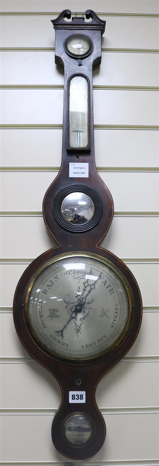 A Regency inlaid mahogany wheel barometer W.26cm